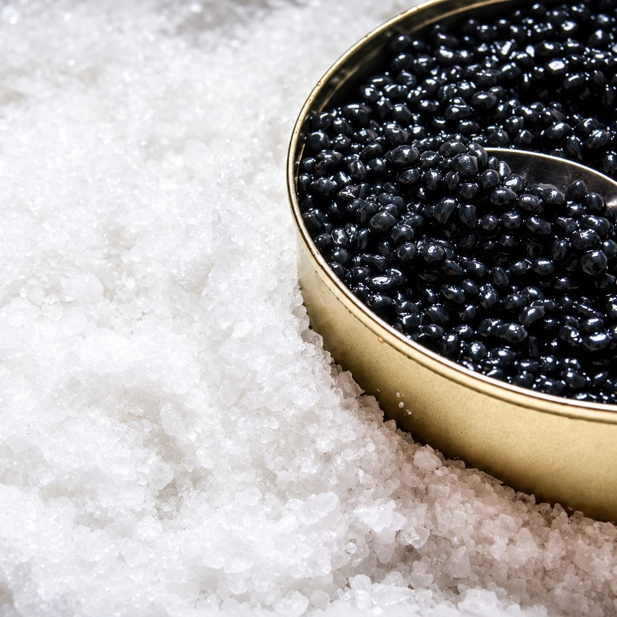 Boîte de caviar Osciètre ouverte, grains noirs nacrés posés sur un lit de gros sel