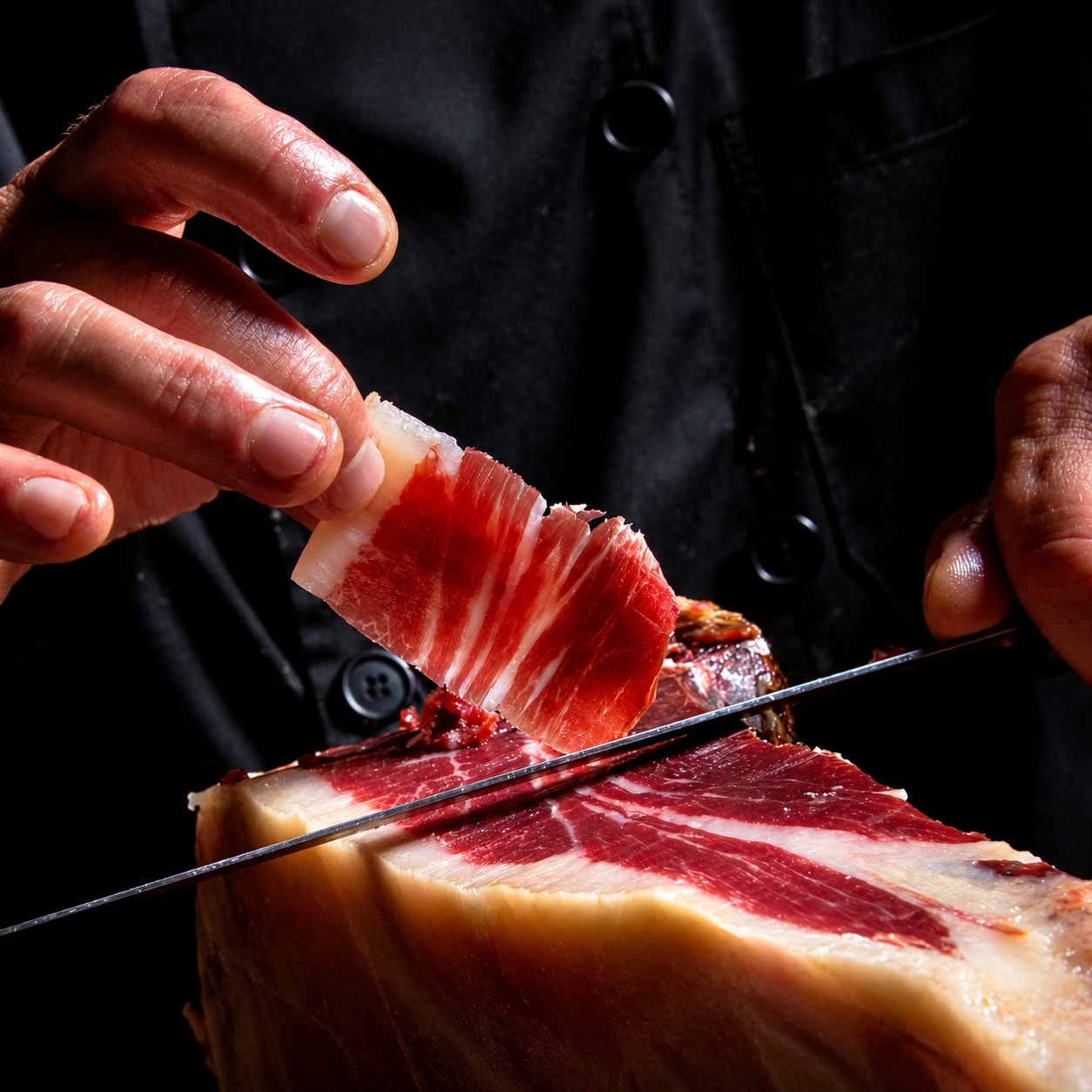 Découpe fine de jambon ibérique au couteau, tranches disposées sur le morceau entamé